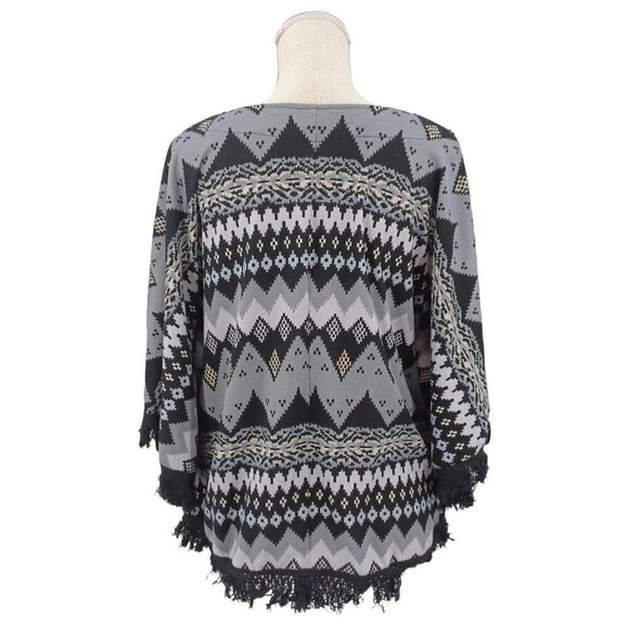QED London Gray Nordic Fair Isle Fringe Poncho Sweater Women's M/L Relaxed Cozy - Picture 2 of 13